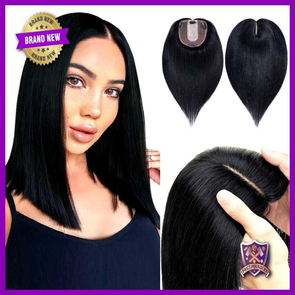 Human Hair Topper Silk Base Hairpiece 14 Inch Real Hair Extensions Women